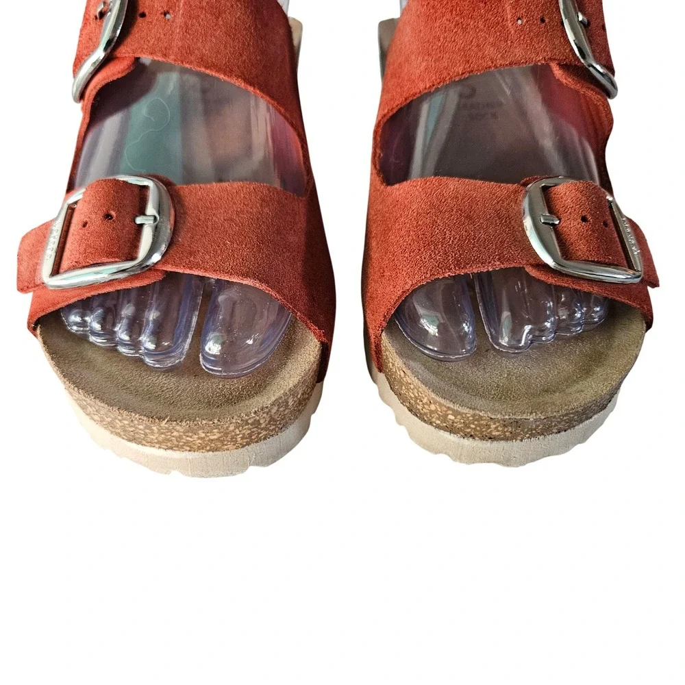 Yokono Ibiza Women's 6.5 Rust Orange Suede Double Buckle Cork Wedge Sandals